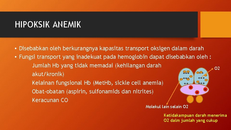 HIPOKSIK ANEMIK • Disebabkan oleh berkurangnya kapasitas transport oksigen dalam darah • Fungsi transport