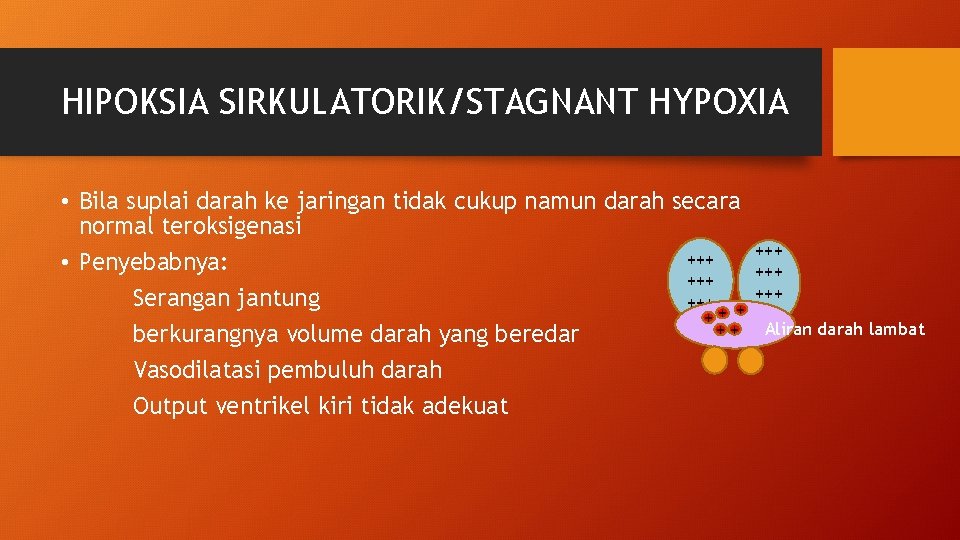 HIPOKSIA SIRKULATORIK/STAGNANT HYPOXIA • Bila suplai darah ke jaringan tidak cukup namun darah secara