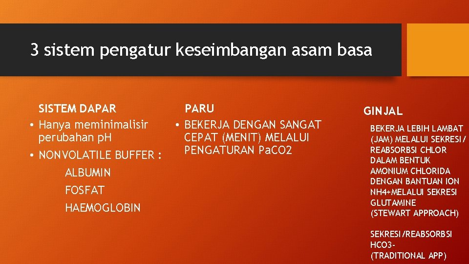 3 sistem pengatur keseimbangan asam basa SISTEM DAPAR • Hanya meminimalisir perubahan p. H