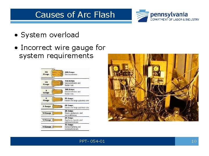 Causes of Arc Flash • System overload • Incorrect wire gauge for system requirements
