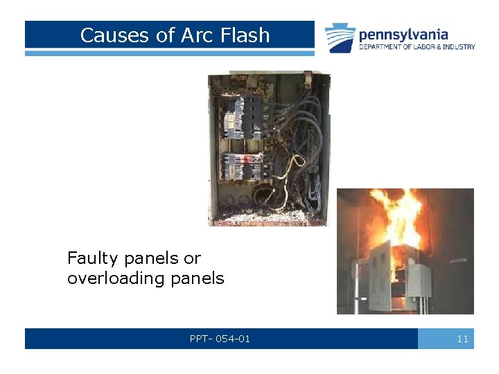 Causes of Arc Flash Faulty panels or overloading panels PPT- 054 -01 11 