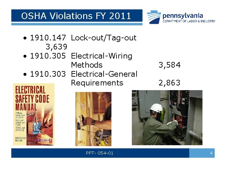 OSHA Violations FY 2011 • 1910. 147 Lock-out/Tag-out 3, 639 • 1910. 305 Electrical-Wiring