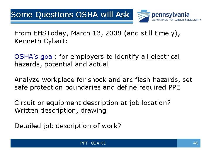 Some Questions OSHA will Ask From EHSToday, March 13, 2008 (and still timely), Kenneth