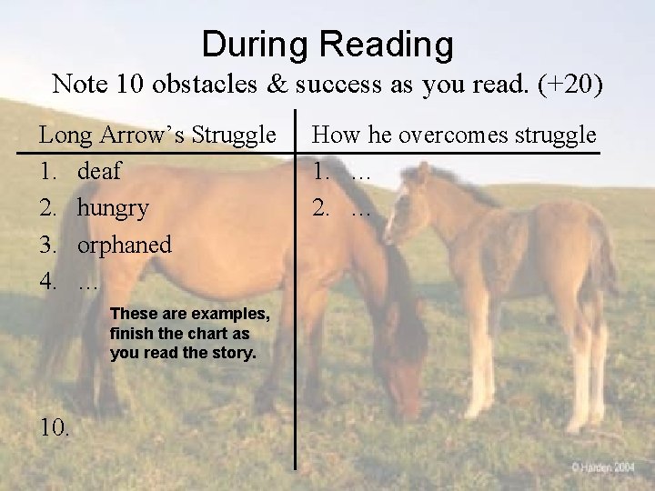 During Reading Note 10 obstacles & success as you read. (+20) Long Arrow’s Struggle