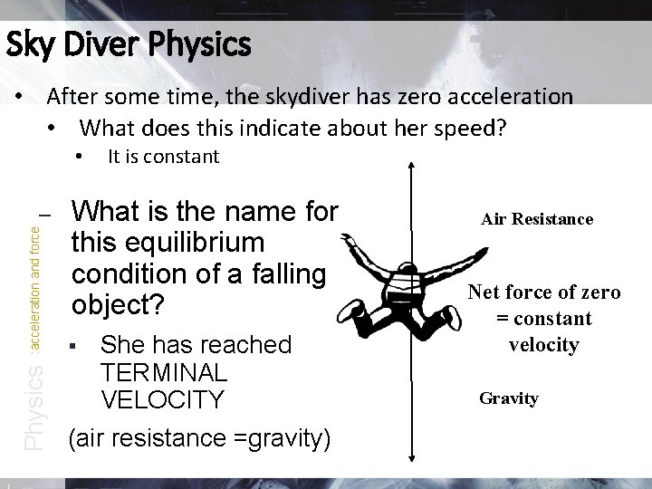 Sky Diver Physics • After some time, the skydiver has zero acceleration • What