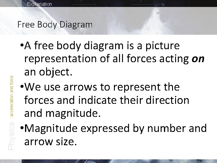 Explanation Physics : acceleration and force Free Body Diagram • A free body diagram Explanation Physics : acceleration and force Free Body Diagram • A free body diagram
