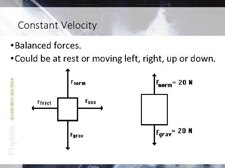 Constant Velocity Physics : acceleration and force • Balanced forces. • Could be at Constant Velocity Physics : acceleration and force • Balanced forces. • Could be at