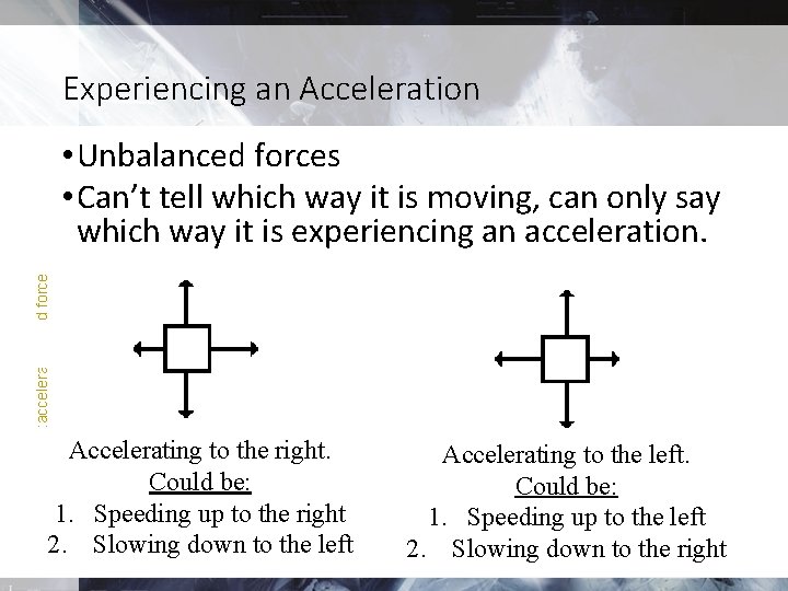 Experiencing an Acceleration : acceleration and force • Unbalanced forces • Can’t tell which