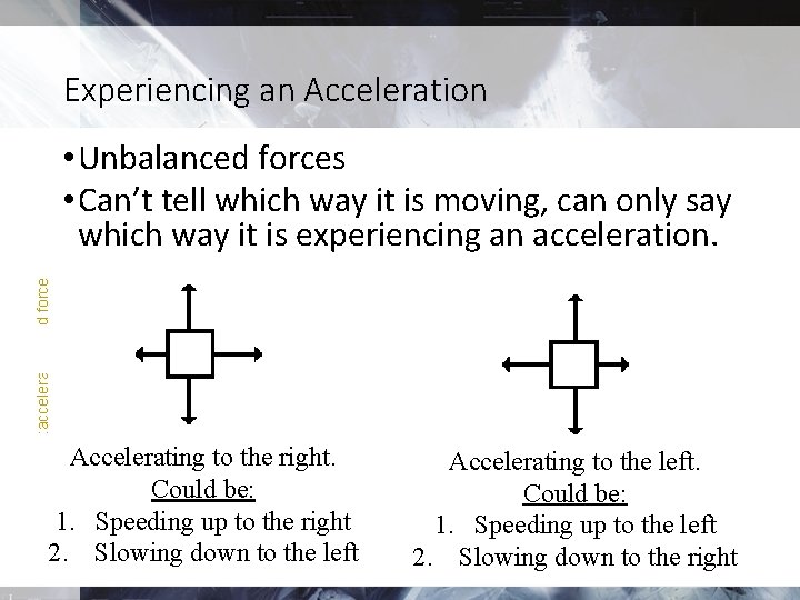 Experiencing an Acceleration : acceleration and force • Unbalanced forces • Can’t tell which Experiencing an Acceleration : acceleration and force • Unbalanced forces • Can’t tell which