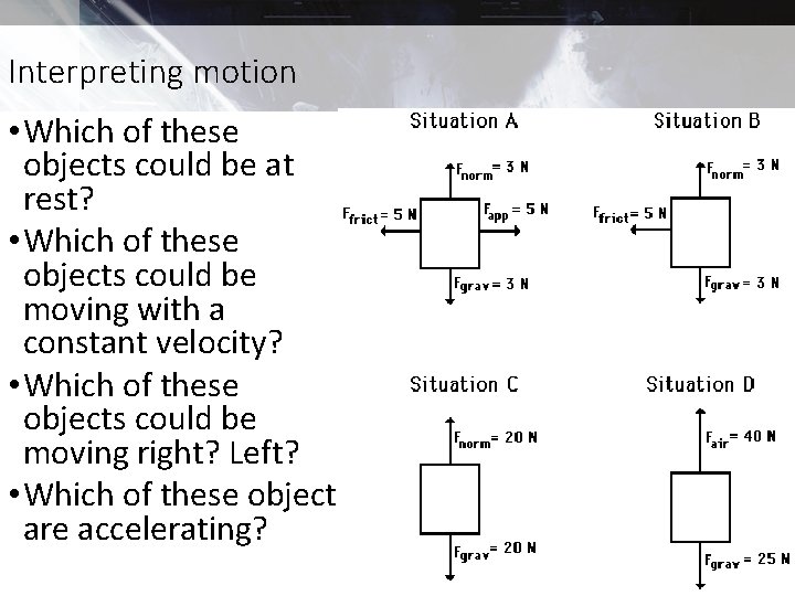 Interpreting motion Physics : acceleration and force • Which of these objects could be