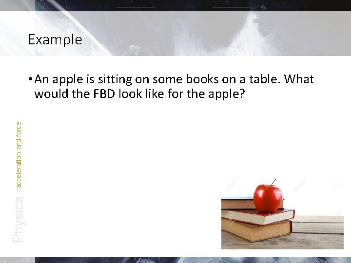 Example Physics : acceleration and force • An apple is sitting on some books