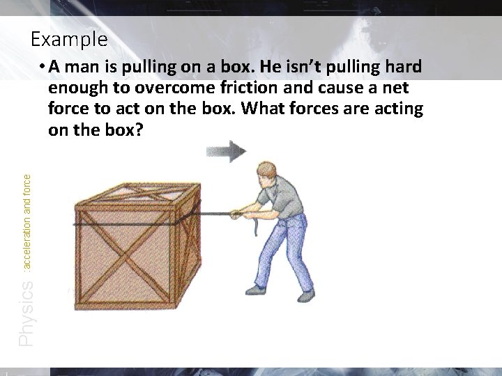 Example Physics : acceleration and force • A man is pulling on a box.