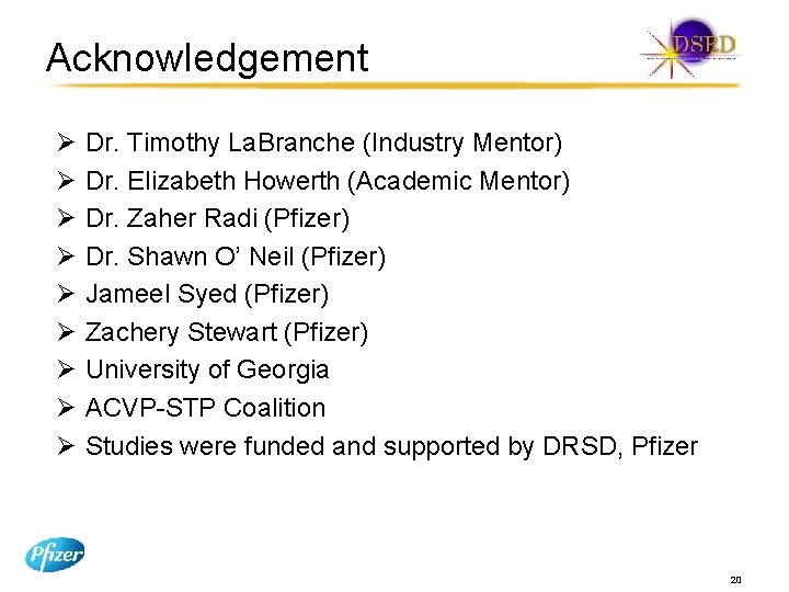 Acknowledgement Ø Ø Ø Ø Ø Dr. Timothy La. Branche (Industry Mentor) Dr. Elizabeth