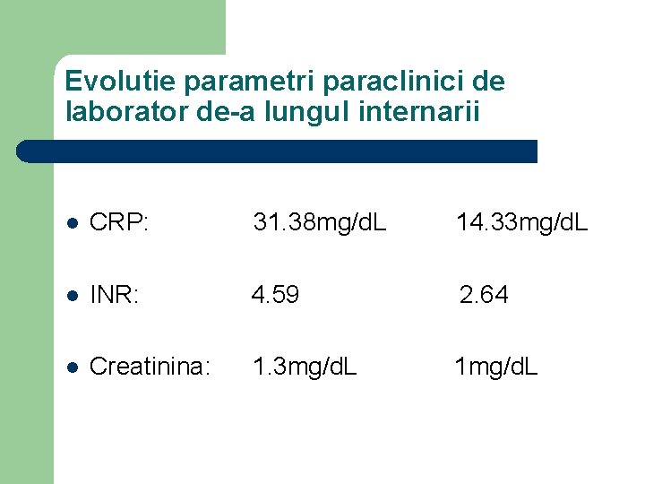 Evolutie parametri paraclinici de laborator de-a lungul internarii l CRP: 31. 38 mg/d. L