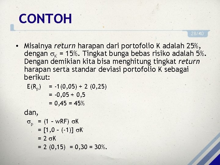 CONTOH 28/40 • Misalnya return harapan dari portofolio K adalah 25%, dengan K =