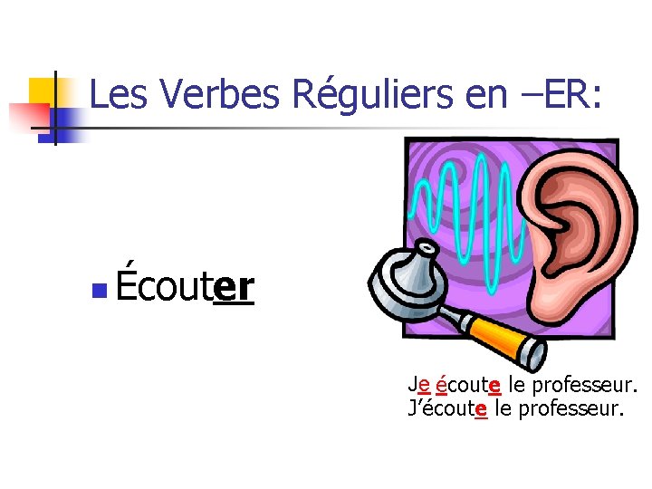 Les Verbes Réguliers en –ER: n Écouter Je écoute le professeur. J’écoute le professeur.