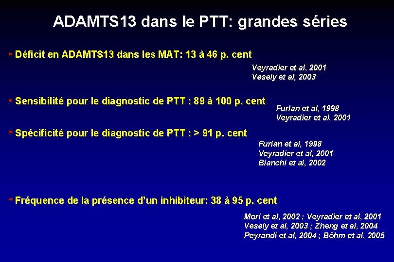 ADAMTS 13 dans le PTT: grandes séries Déficit en ADAMTS 13 dans les MAT: