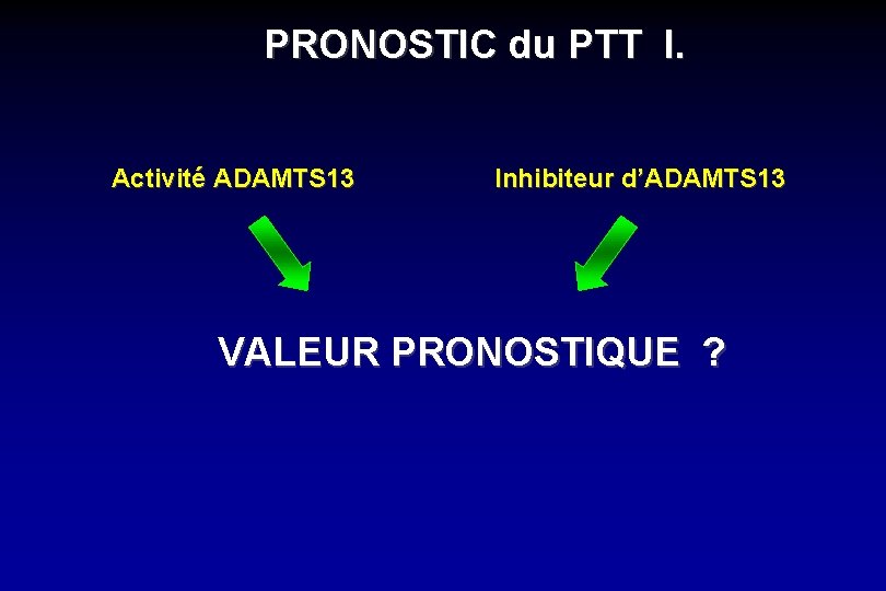 PRONOSTIC du PTT I. Activité ADAMTS 13 Inhibiteur d’ADAMTS 13 VALEUR PRONOSTIQUE ? 