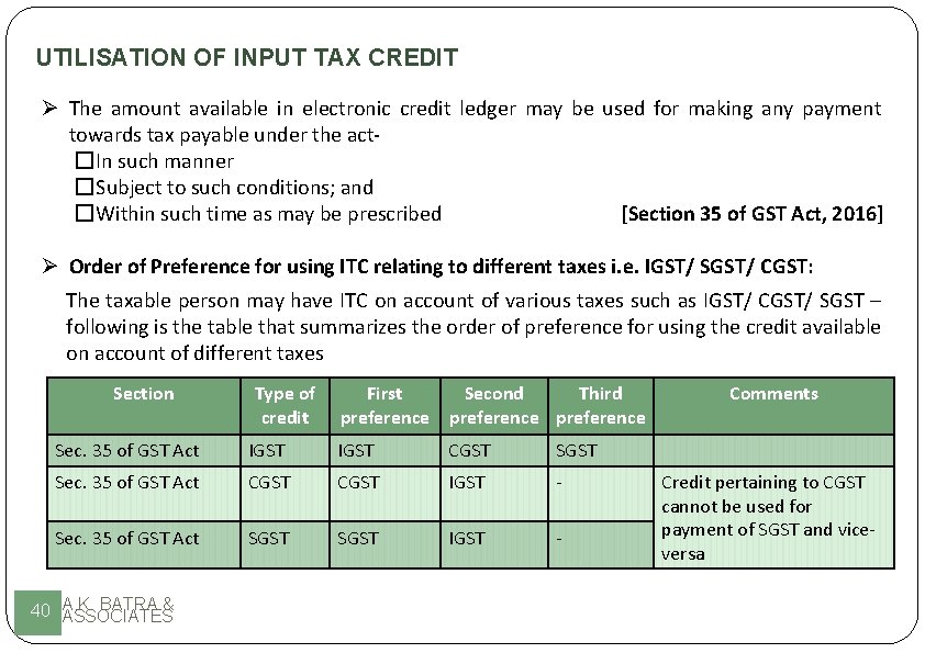 UTILISATION OF INPUT TAX CREDIT The amount available in electronic credit ledger may be