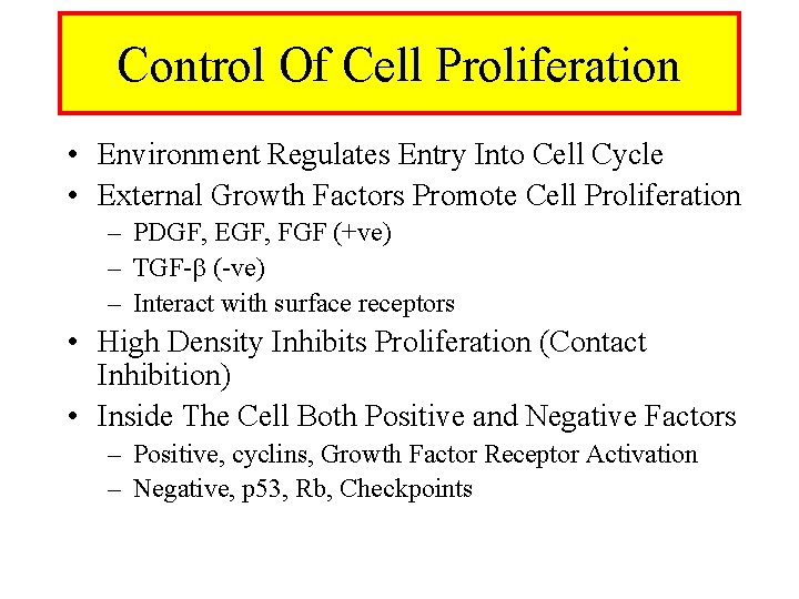 Control Of Cell Proliferation • Environment Regulates Entry Into Cell Cycle • External Growth