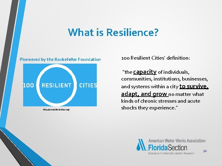 What is Resilience? Pioneered by the Rockefeller Foundation http: //100 resilientcities. org/ 100 Resilient