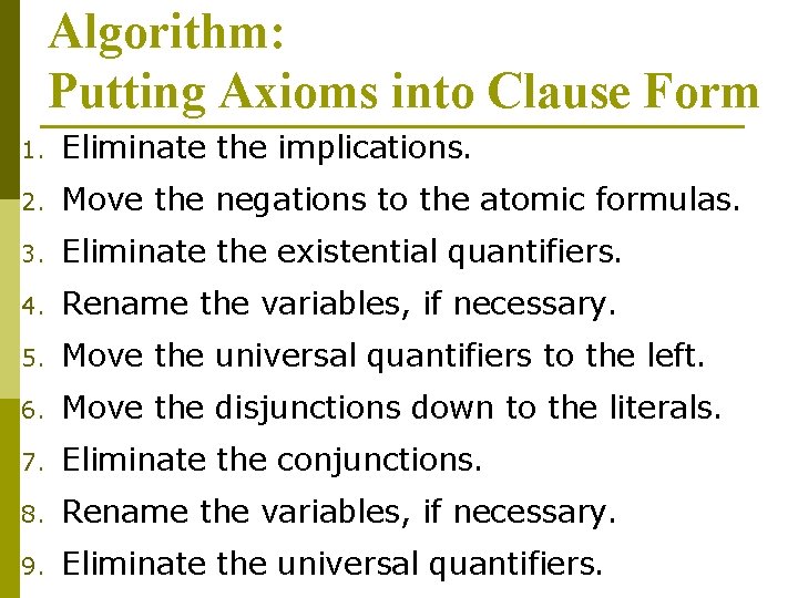 Algorithm: Putting Axioms into Clause Form 1. Eliminate the implications. 2. Move the negations Algorithm: Putting Axioms into Clause Form 1. Eliminate the implications. 2. Move the negations