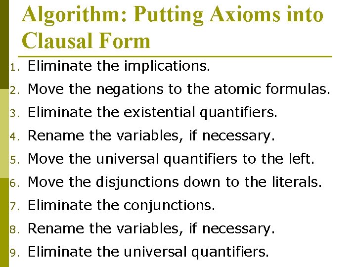 Algorithm: Putting Axioms into Clausal Form 1. Eliminate the implications. 2. Move the negations Algorithm: Putting Axioms into Clausal Form 1. Eliminate the implications. 2. Move the negations