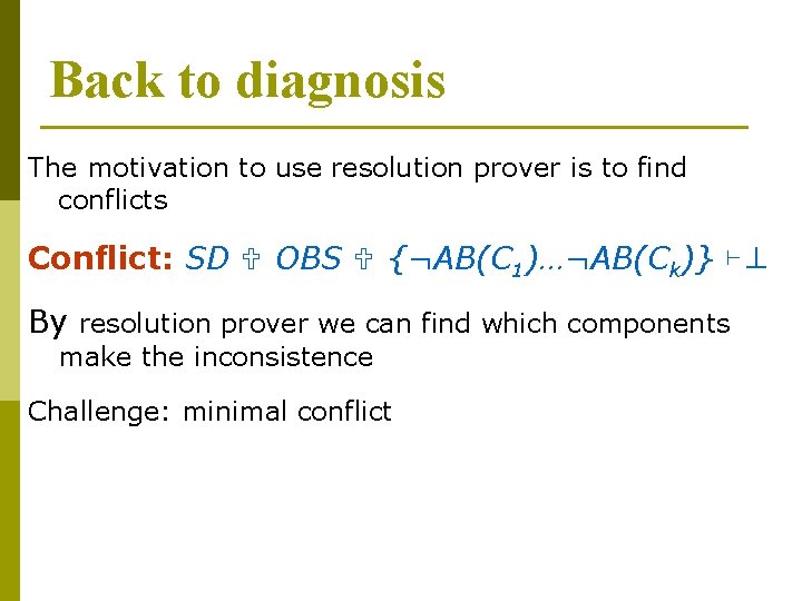 Back to diagnosis The motivation to use resolution prover is to find conflicts Conflict: Back to diagnosis The motivation to use resolution prover is to find conflicts Conflict: