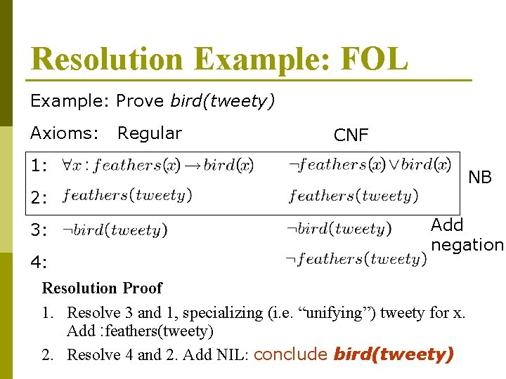 Resolution Example: FOL Example: Prove bird(tweety) Axioms: Regular CNF 1: NB 2: 3: 4: Resolution Example: FOL Example: Prove bird(tweety) Axioms: Regular CNF 1: NB 2: 3: 4:
