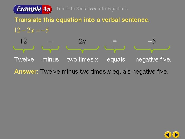 Translate Sentences into Equations Translate this equation into a verbal sentence. 12 Twelve 2