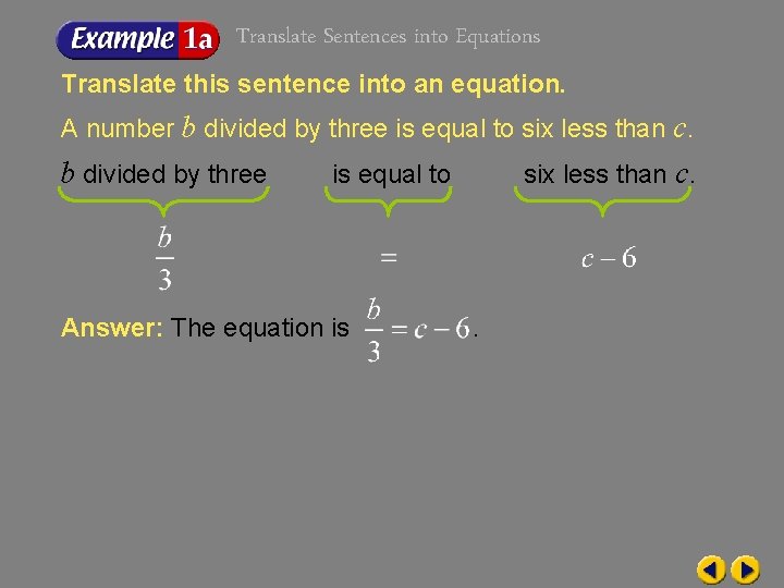 Translate Sentences into Equations Translate this sentence into an equation. A number b divided