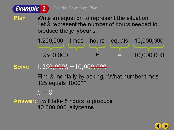 Use the Four-Step Plan Write an equation to represent the situation. Let h represent