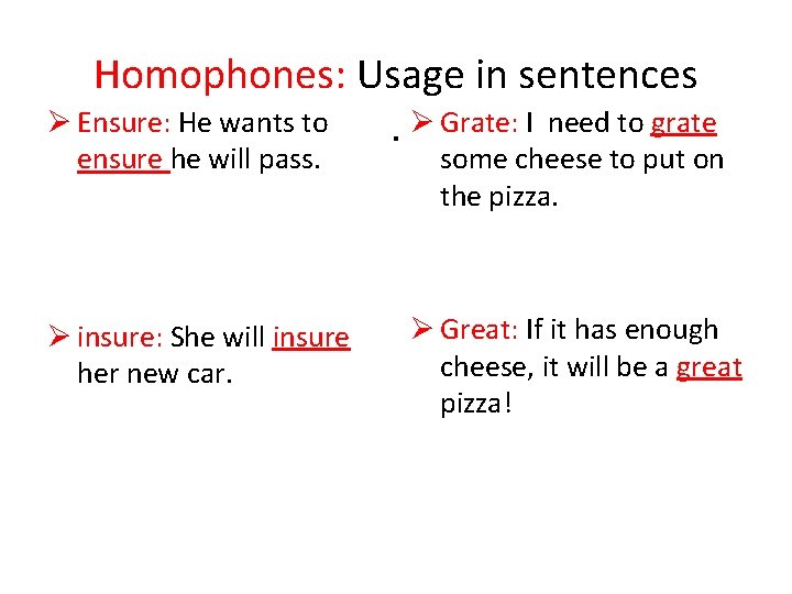 Homophones: Usage in sentences Ø Ensure: He wants to . Ø Grate: I need