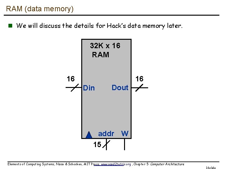 RAM (data memory) n We will discuss the details for Hack’s data memory later.