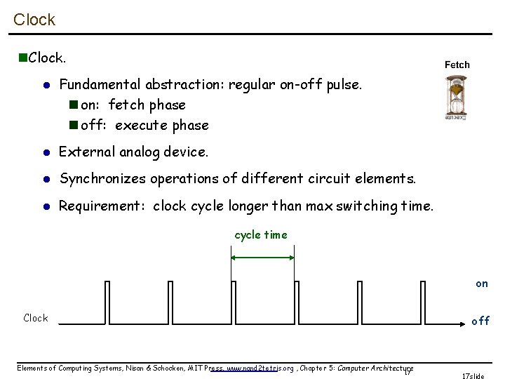 Clock n. Clock. l Fundamental abstraction: regular on-off pulse. n on: fetch phase n