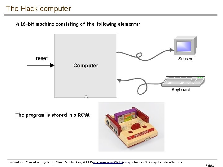 The Hack computer A 16 -bit machine consisting of the following elements: The program