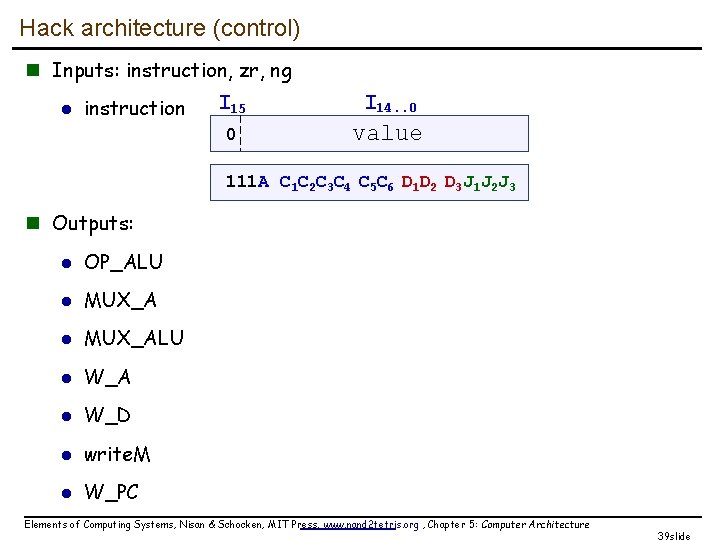 Hack architecture (control) n Inputs: instruction, zr, ng l instruction I 15 0 I