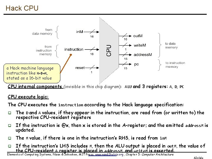 Hack CPU a Hack machine language instruction like M=D+M, stated as a 16 -bit