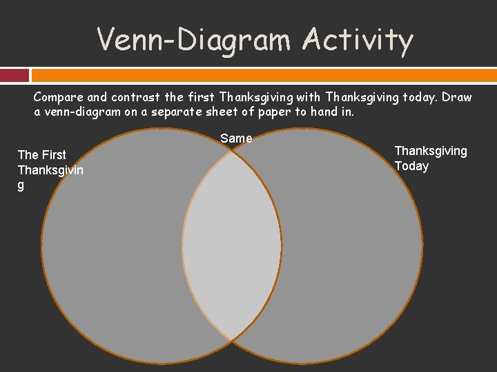 Venn-Diagram Activity Compare and contrast the first Thanksgiving with Thanksgiving today. Draw a venn-diagram