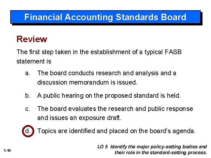 Financial Accounting Standards Board Review The first step taken in the establishment of a