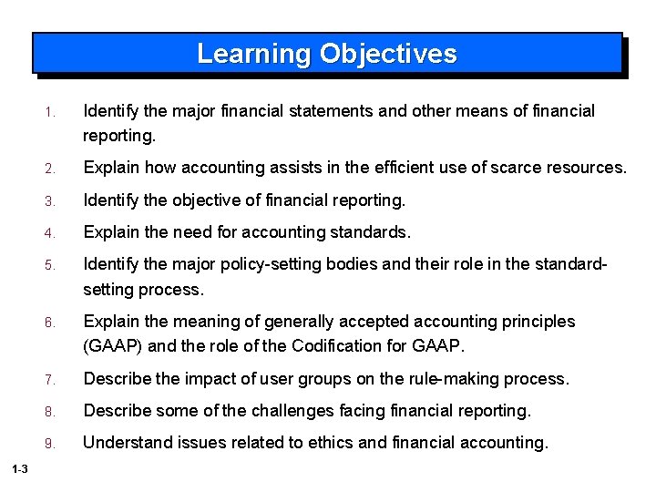 Learning Objectives 1 -3 1. Identify the major financial statements and other means of