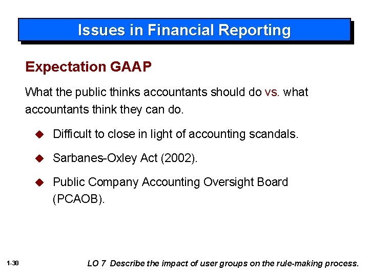 Issues in Financial Reporting Expectation GAAP What the public thinks accountants should do vs.