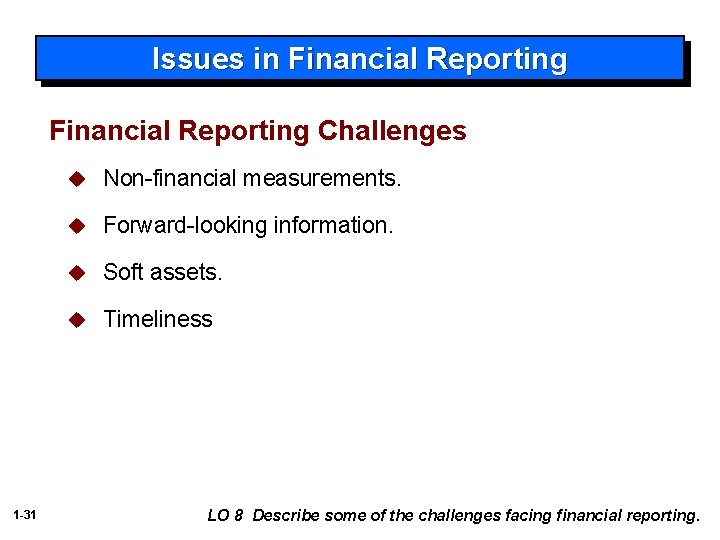 Issues in Financial Reporting Challenges 1 -31 u Non-financial measurements. u Forward-looking information. u