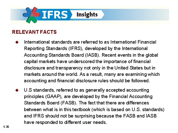 RELEVANT FACTS 1 -35 u International standards are referred to as International Financial Reporting