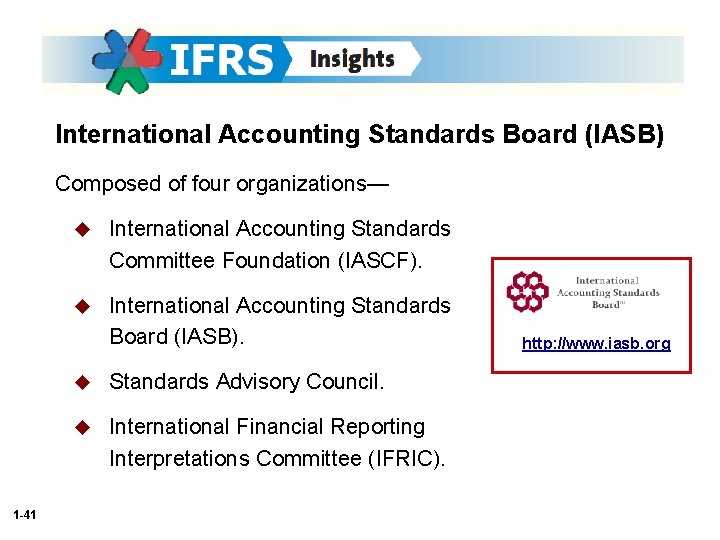 International Accounting Standards Board (IASB) Composed of four organizations— 1 -41 u International Accounting