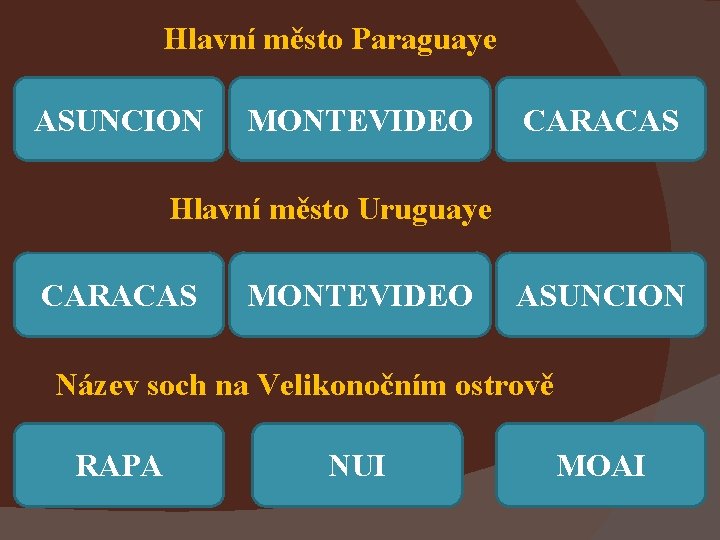 Hlavní město Paraguaye ASUNCION MONTEVIDEO CARACAS Hlavní město Uruguaye CARACAS MONTEVIDEO ASUNCION Název soch