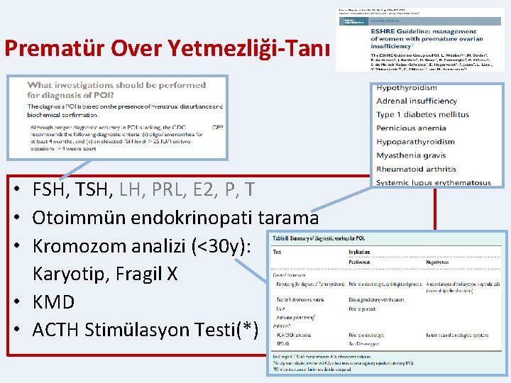 Prematür Over Yetmezliği-Tanı • FSH, TSH, LH, PRL, E 2, P, T • Otoimmün