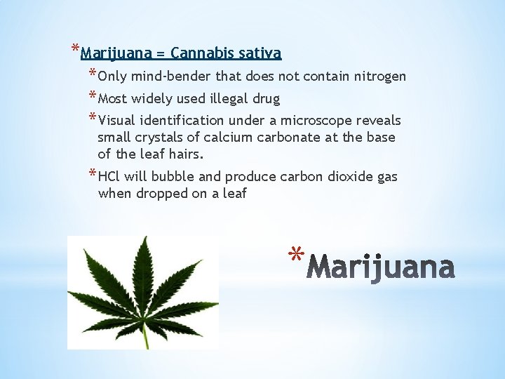 *Marijuana = Cannabis sativa * Only mind-bender that does not contain nitrogen * Most