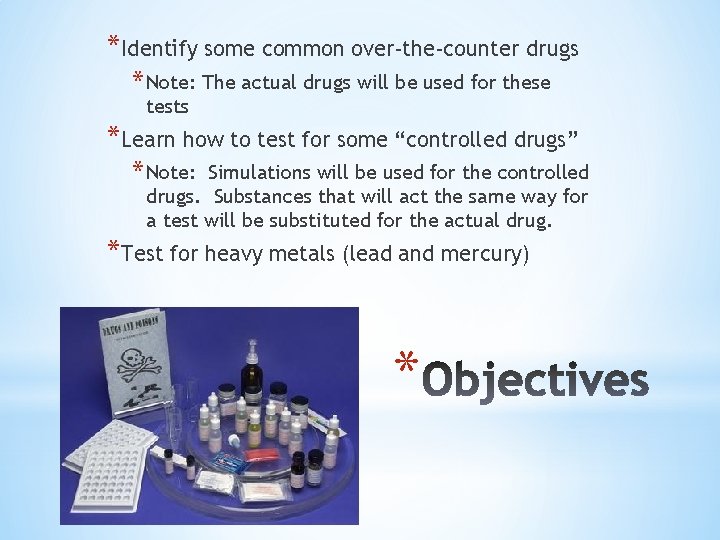 *Identify some common over-the-counter drugs * Note: The actual drugs will be used for