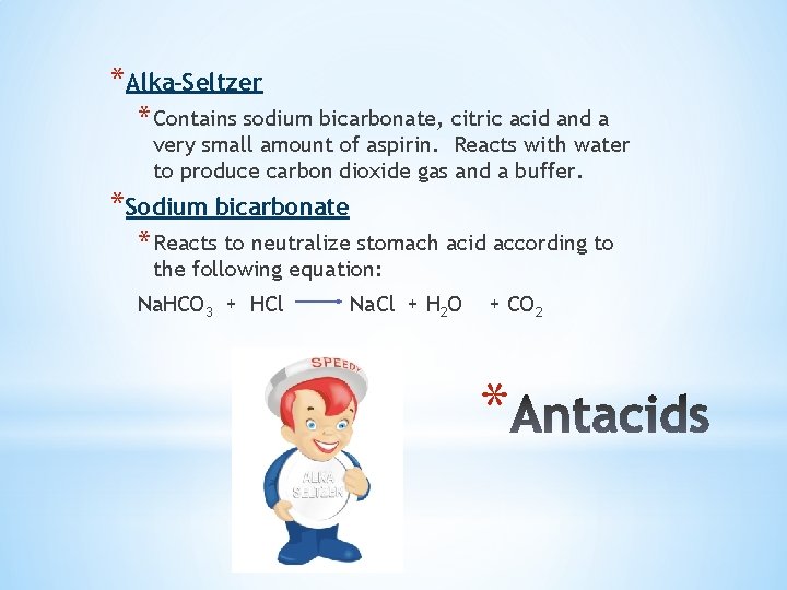 *Alka-Seltzer * Contains sodium bicarbonate, citric acid and a very small amount of aspirin.